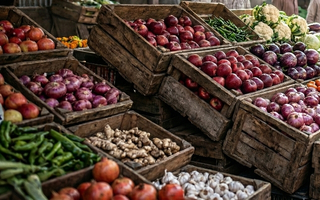 Fresh vegetables and fruits in crates