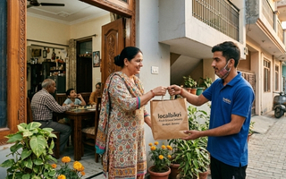 Busy family receiving a local delivery at home