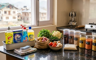 Weekly household routine shopping items on kitchen counter