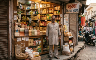 Friendly local shop owner at storefront